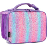 FlowFly purple glitter lunch bag front view with durable insulation keeps meals fresh.