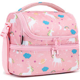 FlowFly unicorn lunch bag top compartment for fruits and snacks on the go.