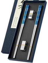 FOFAYU metal chopsticks blue-silver set with holder for stylish home dining