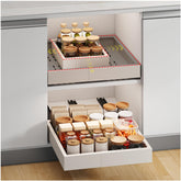 Fokyfok pull-out cabinet organizer rails show three-rail system for smooth sliding storage
