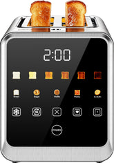 Foyoconven touchscreen toaster with LCD display for quick bread type selection.