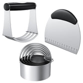 Frapkom biscuit cutter set with dough blender and pastry cutters on a baking mat for easy baking prep