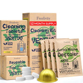 Freelivity Vertuo descaling powder dissolving to remove buildup and refresh coffee flavor.