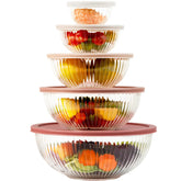 Freshmage glass mixing bowls in a 5-pack with lids, neatly stacked for space-saving storage.