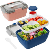 Freshmage large salad container with pink and blue lids, leak-proof design for transport.