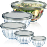 Freshmage mixing bowls with airtight lids set showing tight seals for food storage.