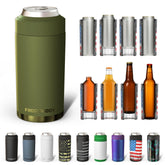 Frost Buddy universal can cooler showing 12oz slim fit, keeps drinks cold longer.