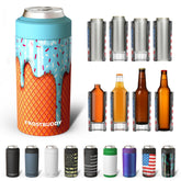 Frost Buddy universal can cooler with blue ice cream color at the beach for cooling advantage.