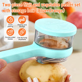 Fruit peeler with storage box in blue and orange keeps prep tidy.