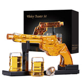 FrutPunch gun whiskey decanter set with two glasses for elegant home bar display.