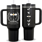 Fufendio Fourth Wing tumbler with dragon design keeps beverages warm during reading sessions