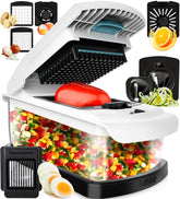 Fullstar 9-in-1 chopper with catch tray for quick, mess-free prep.