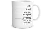 Funnwear Shh mug front and back design for bold office humor and conversation starter.