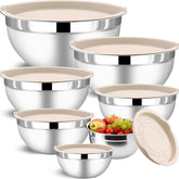 Funnydin khaki 7-piece mixing bowls with lids for organized kitchen prep and storage.
