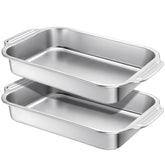 Funnymoom two-pack stainless steel cake pans with handles for even baking.