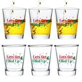 Futtumy Elfed Up shot glasses 6-pack on a festive table for Christmas toasts.