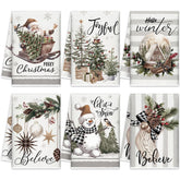 FuWeave Christmas kitchen towels flatlay in neutral gray and white for festive dining use