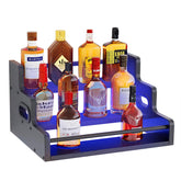 Fxacyem 3-tier display shelf front view with LED lighting for elegant home bar ambiance.
