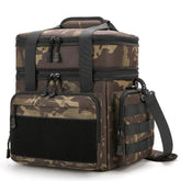 Gafetrey tactical lunch box in black camo showing dual compartments for hot and cold meals.