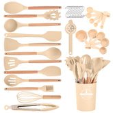 Gaixvny 34P set with wooden handles, ideal for nonstick cookware and comfortable grip.