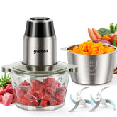 GANIZA food processor with glass 8-cup bowl enables precise chopping and mixing.