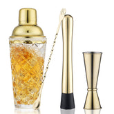 Gbuxska Gold Cocktail Shaker Set outer view shows premium glass and gold finish for elegant entertaining.