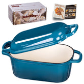 GdnWings oval dutch oven in teal with lid promotes even browning and a dramatic crust.