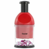 Geedel Food Chopper in action with slap mechanism for quick, safe chopping.