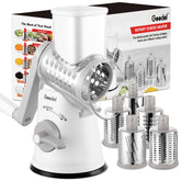 Geedel rotary cheese grater assembly shows five-blade versatility for cheese and vegetables.