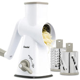 Geedel rotary cheese grater handle in use for safe, controlled grating.