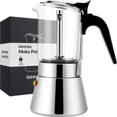 Geesta Moka pot front view with crystal glass top and stainless body for lasting durability