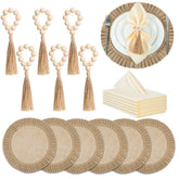 Gejoy round burlap placemats showcase rustic charm while protecting table surfaces.