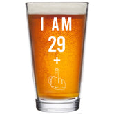 Gelid 29+1 middle finger 30th birthday pint glass, ideal for gifting at celebrations.