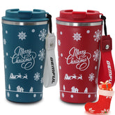 Gemful Christmas travel mug with blue strap keeps coffee hot on the go.