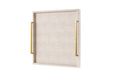 Generic 24x24 oversized square ottoman tray with ivory shagreen and gold handles on a coffee table.