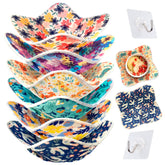 Generic bowl cozy with floral design keeps soups warm and easy to handle.