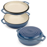 Gennua Braiser Pan with enamelled cast iron for even heat and easy release.