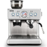 Gevi dual boiler espresso machine front view with durable stainless steel for home use.