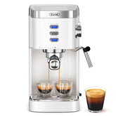 Gevi espresso machine front view in white, compact for small kitchens.