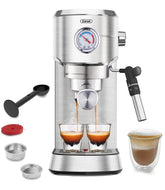 Gevi espresso machine front view in a modern kitchen, showcasing durable stainless steel design
