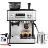 Gevi espresso machine with grinder and milk frother—front view for home barista setup
