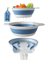 Gevoli collapsible colander large expanded with over-sink draining base for easy rinsing.