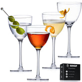 GIHOP Nick and Nora glasses set of four on a bar shelf, showcasing elegant coupe silhouettes.