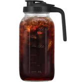 Glabotoil 64oz glass pitcher with handle and lid for easy pouring.