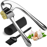 Global Digitronix GD Premium Garlic Press Set front view in imperial silver for easy mincing