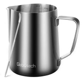 Globotech 32oz milk frothing pitcher for precise latte art pours.