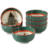 Glowworm Christmas tree bowls close-up, festive glaze ideal for holiday cereals and soups.