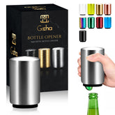 GOCHA magnetic bottle opener with automatic cap catcher in stainless steel for easy one-handed use.