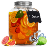 Goldfishwa 1-gallon glass dispenser with lid, ideal for parties and easy serving.