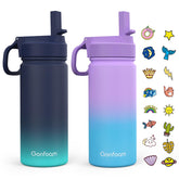 Gonfoam kids water bottle 2-pack with blue and purple stickers for personalized hydration.
